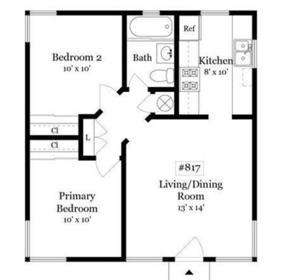 Floor plan - 2 bedrooms, 1 bath, kitchen, and living room