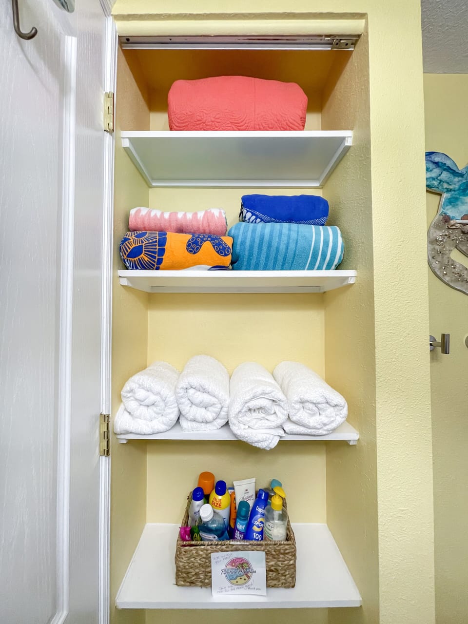 We supply beach towels, bath towels and a few extra toiletries you may have forgotten.