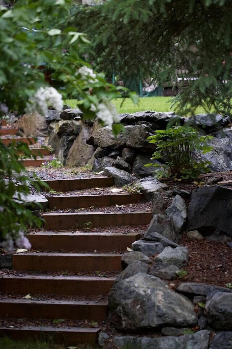 Landscaped stairs to patio