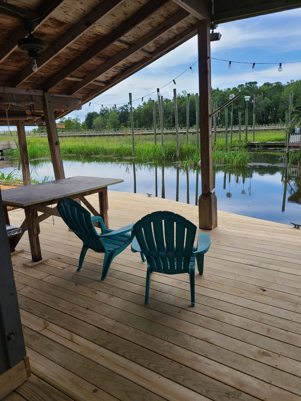Boat house with amazing atmosphere....Come feed the fish!