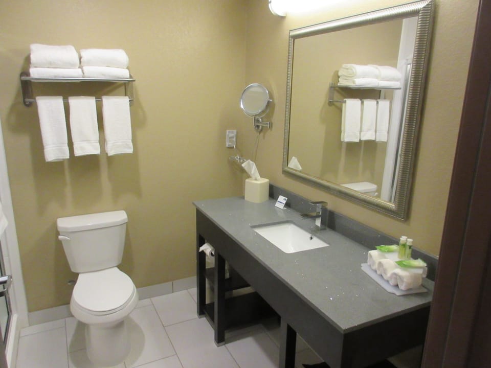 Hydromassage showerhead, free toiletries, hair dryer, towels