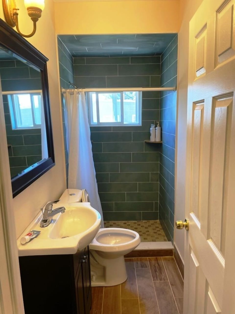 Shower, rainfall showerhead, hair dryer, soap