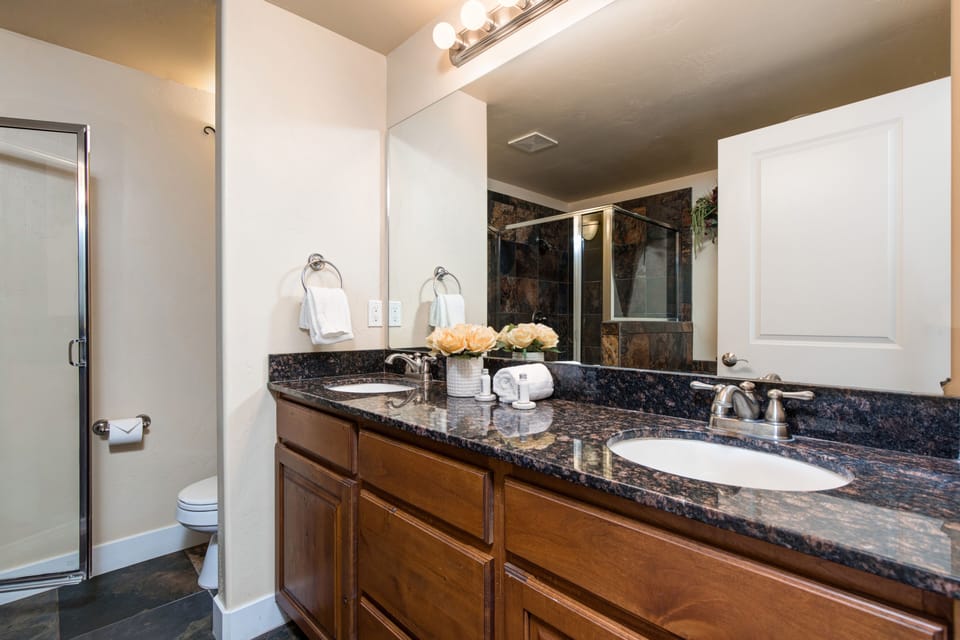 Master Bathroom with double sinks, jetted tub, and tile & glass shower