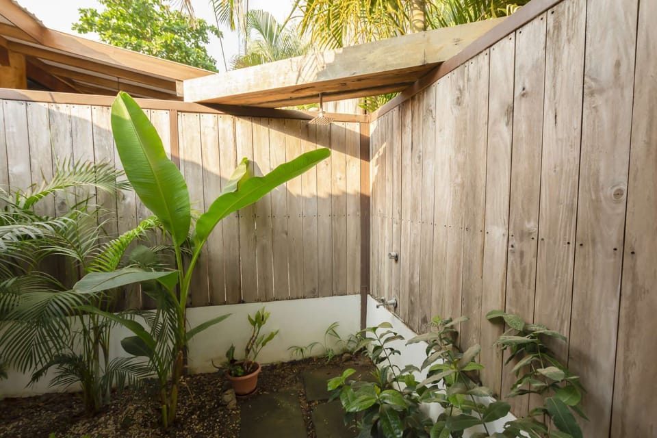 The modern outdoor shower surrounded in greenery is perfect for rinsing off after a day at the beach