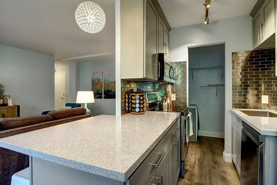 Large counter top makes food preparation easy. 