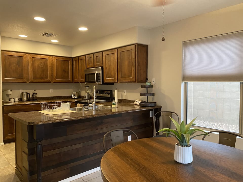 Spacious dining and kitchen area.