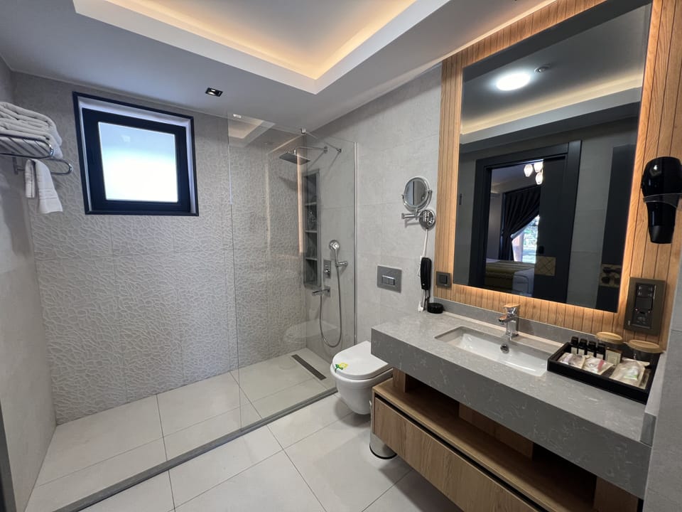 Shower, rainfall showerhead, eco-friendly toiletries, hair dryer