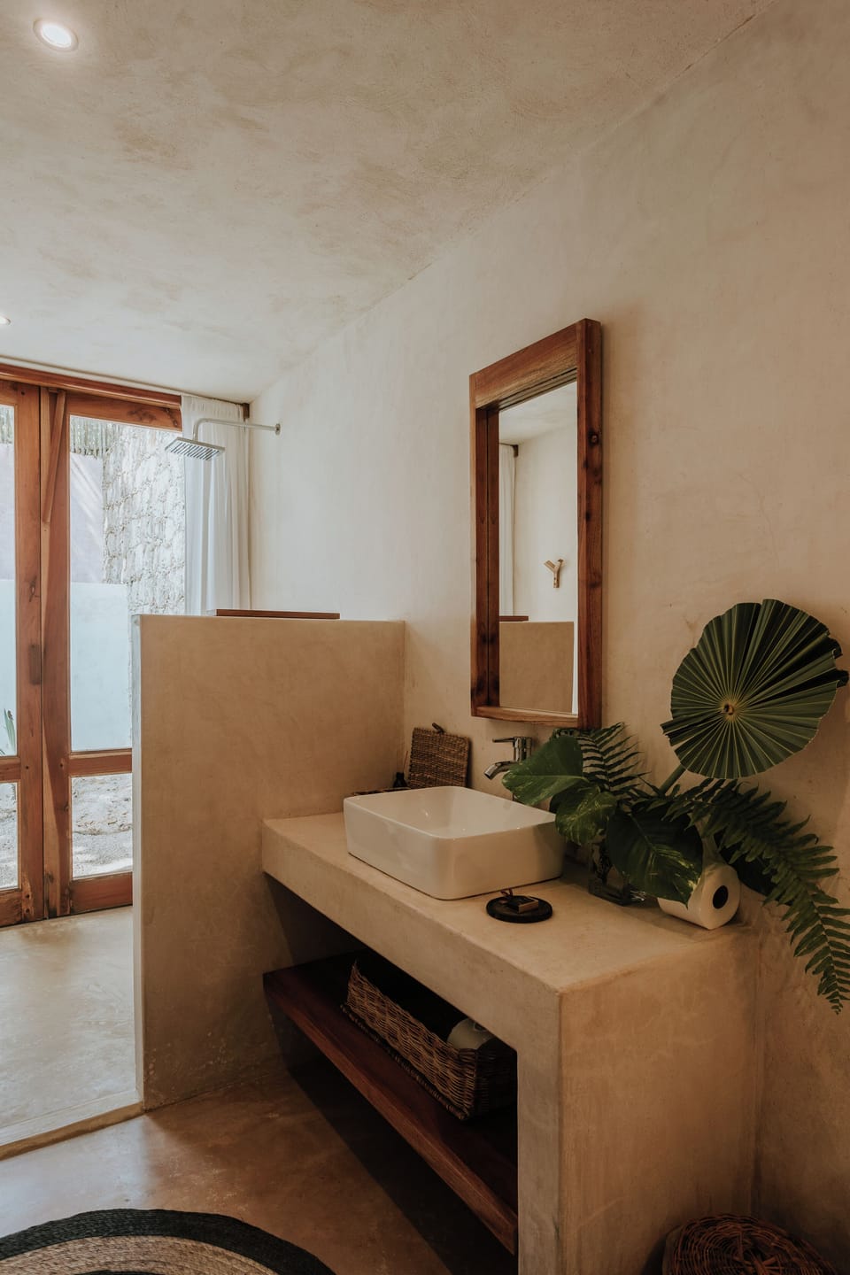 Shower, rainfall showerhead, hair dryer, bathrobes