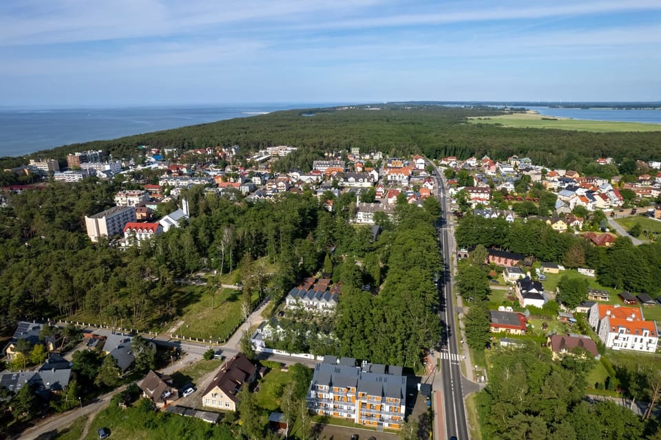 A wide aerial view of a suburban neighborhood with lush greenery and red-roofed houses stretching toward the horizon.