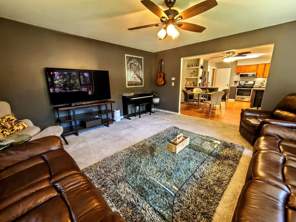The 62” TV is great to gather around and chill to your favorite series on Netflix, Hulu, Disney+, Amazon Prime or other TV app you love. Sound is delivered through a sound-bar and subwoofer.