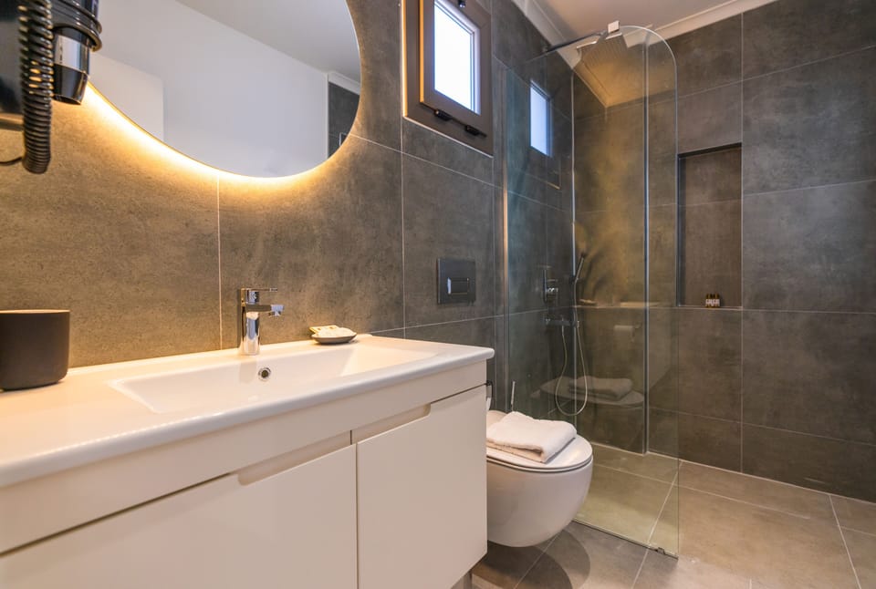 Shower, rainfall showerhead, hair dryer, slippers