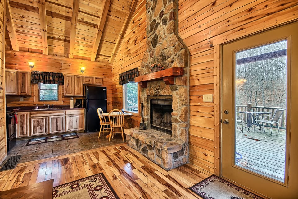 Wood-Burning Fireplace and Full Kitchen, from Living Room