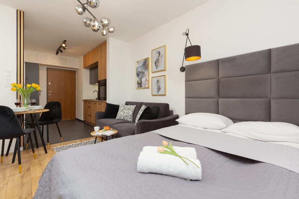 Another perspective of the living area, in the foreground there is a double bed and in the background there is a kitchenette.
