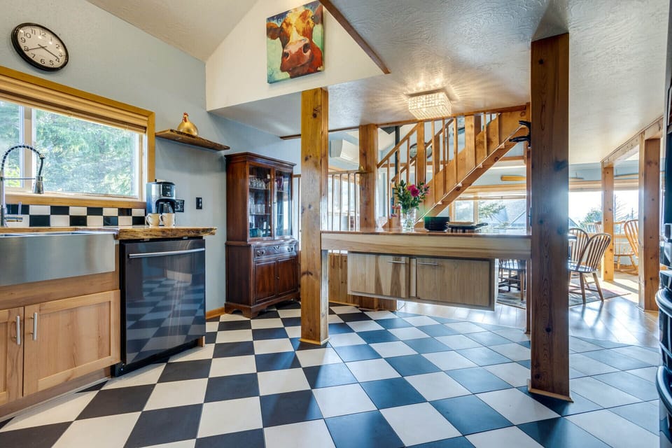 The kitchen has a whimsical flair.