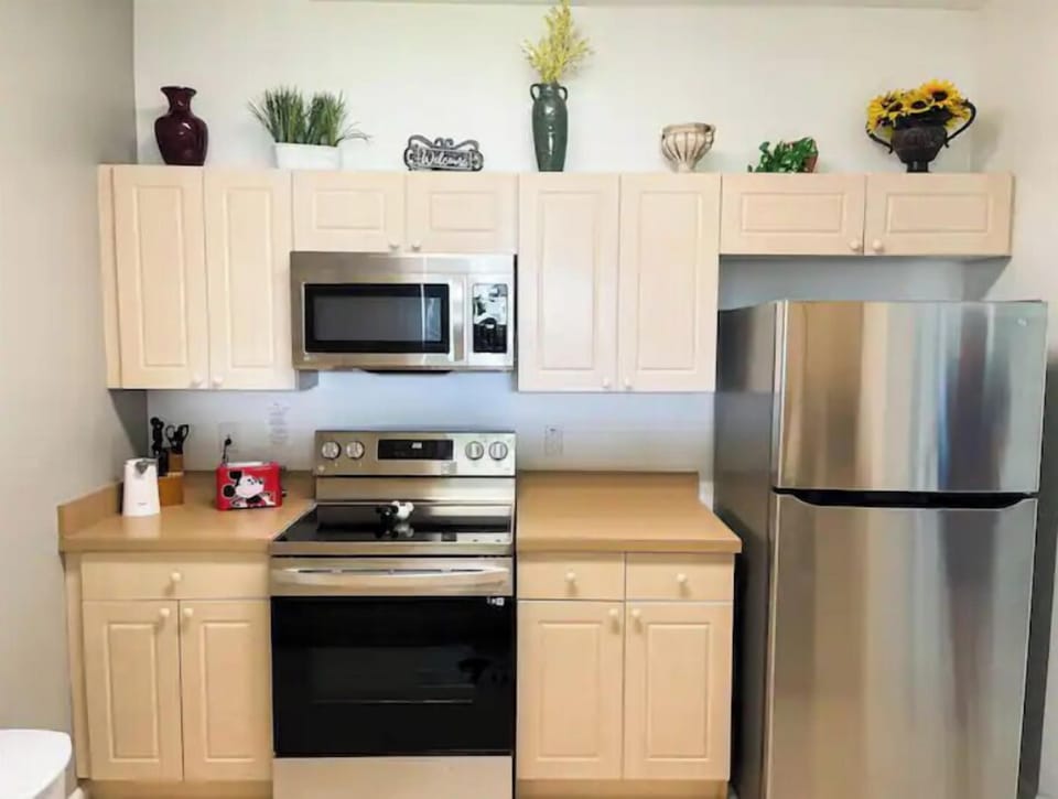 Full kitchen with brand new appliances and large fridge and freezer