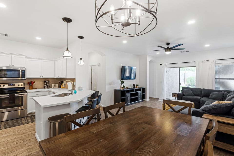 View of kitchen and living room from the dining area.
