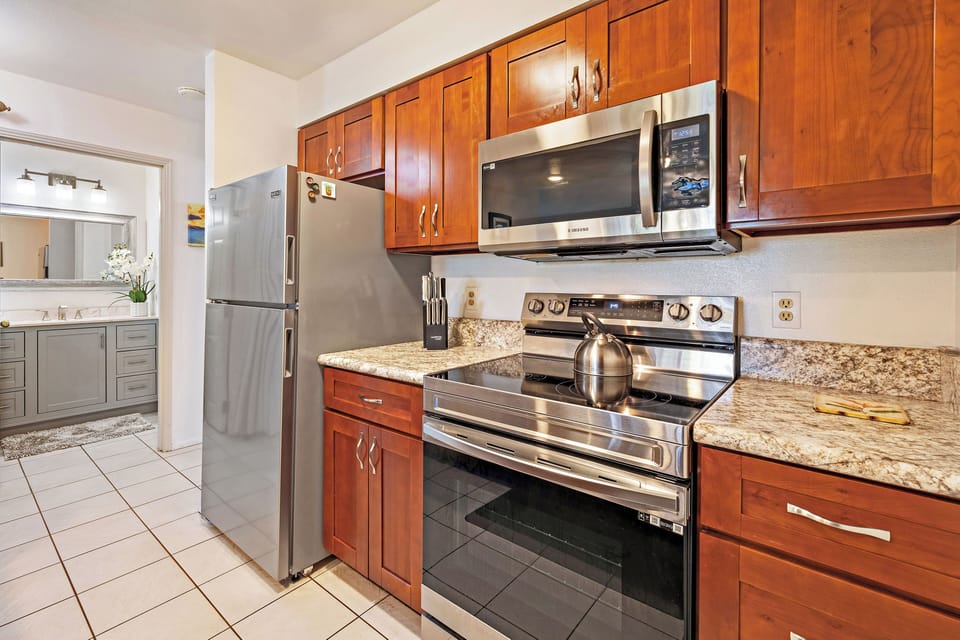 Cook up island inspired meals in this fully equipped, modern kitchen.