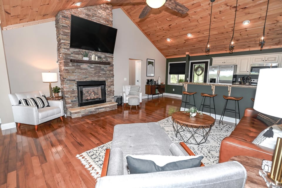 View of living space looking into kitchen area