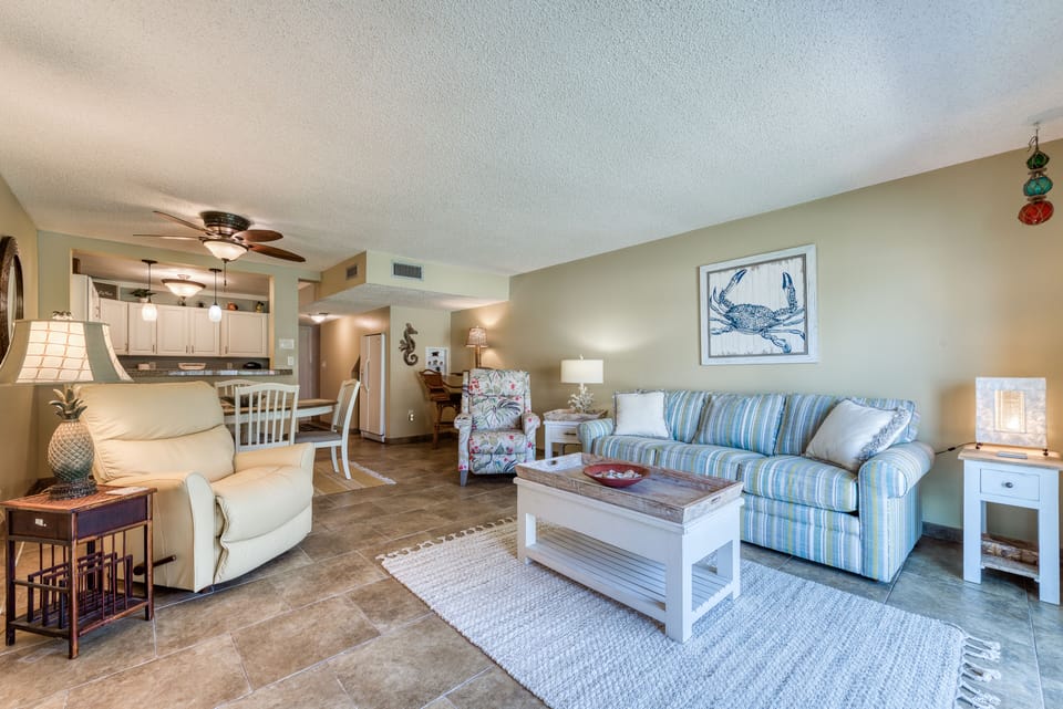 Living Room - pool side unit, ocean view balcony, private beach access, Indialantic, FL