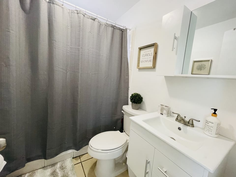 Suite 1 fully separate bathroom with soaps, shampoo conditioner, blow dryer