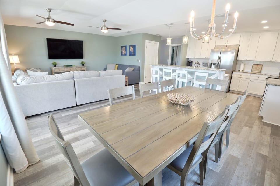 Open concept kitchen, living and dining room.