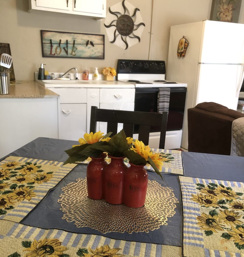 View from table to the kitchen, living room to the right in this open floor plan