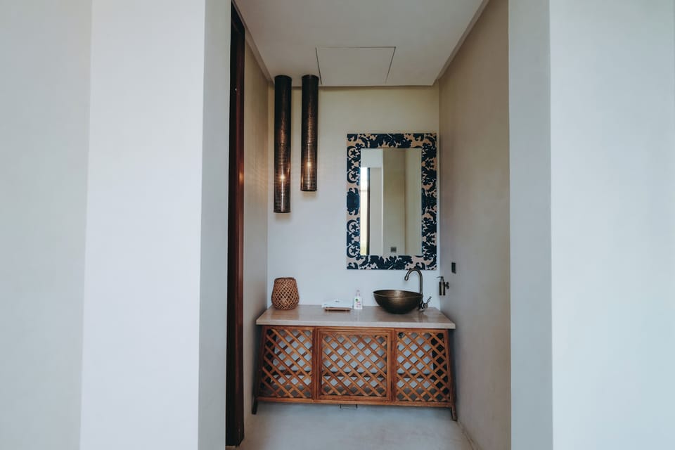 Shower, rainfall showerhead, hair dryer, bathrobes