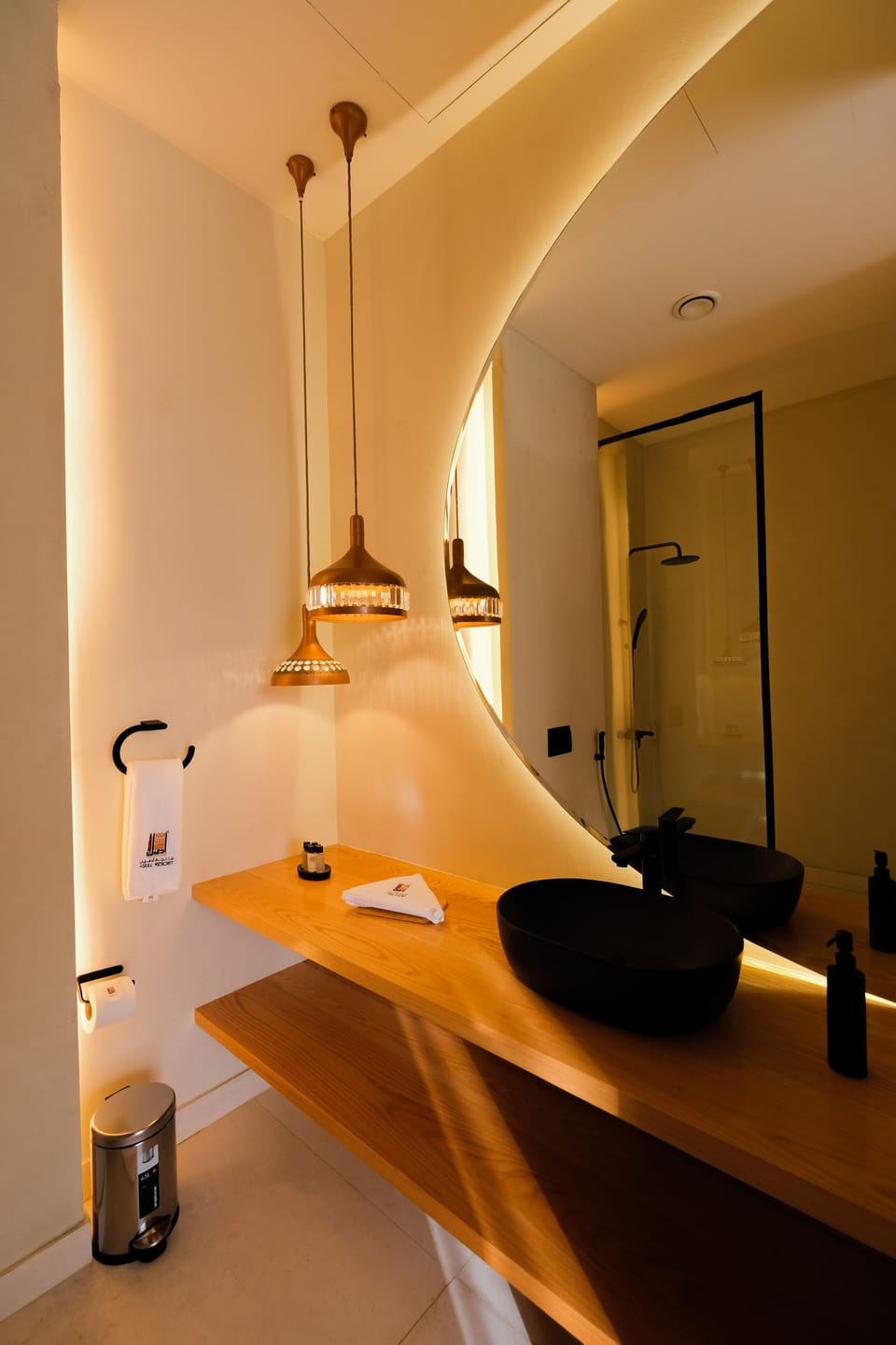 Bathroom | Shower, rainfall showerhead, hair dryer, bathrobes