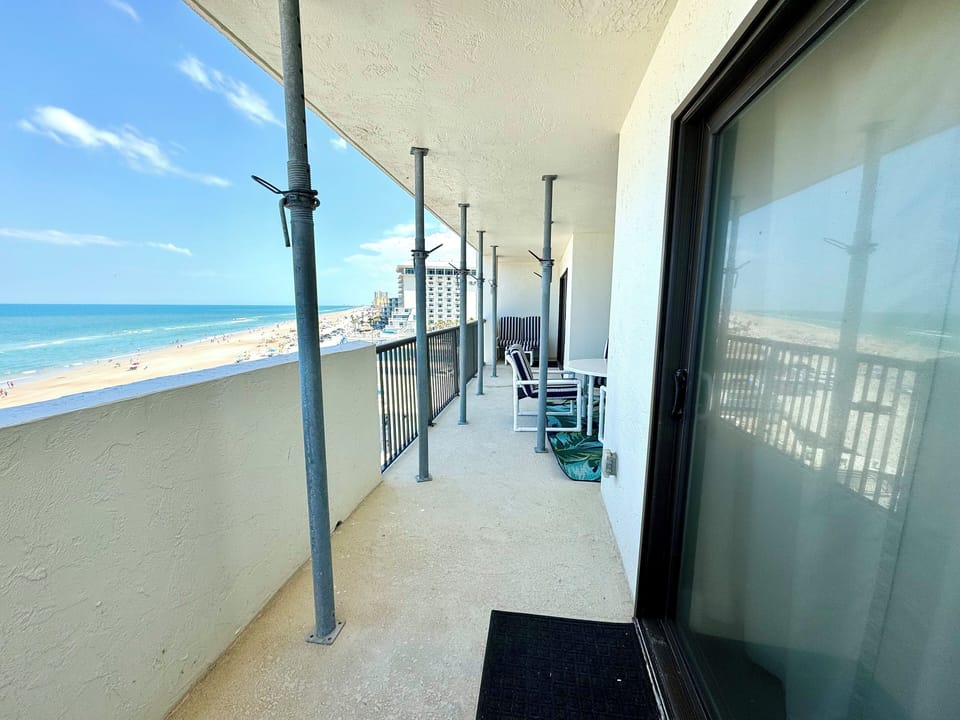 Temporary shoring posts on the expansive balcony
