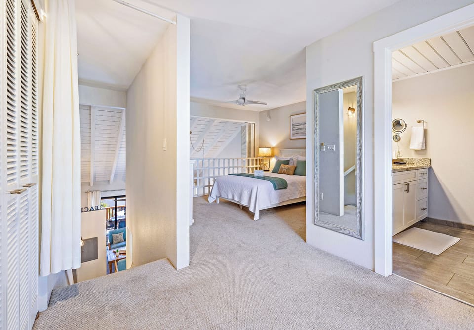 The curtain on the left can provide privacy from the downstairs.