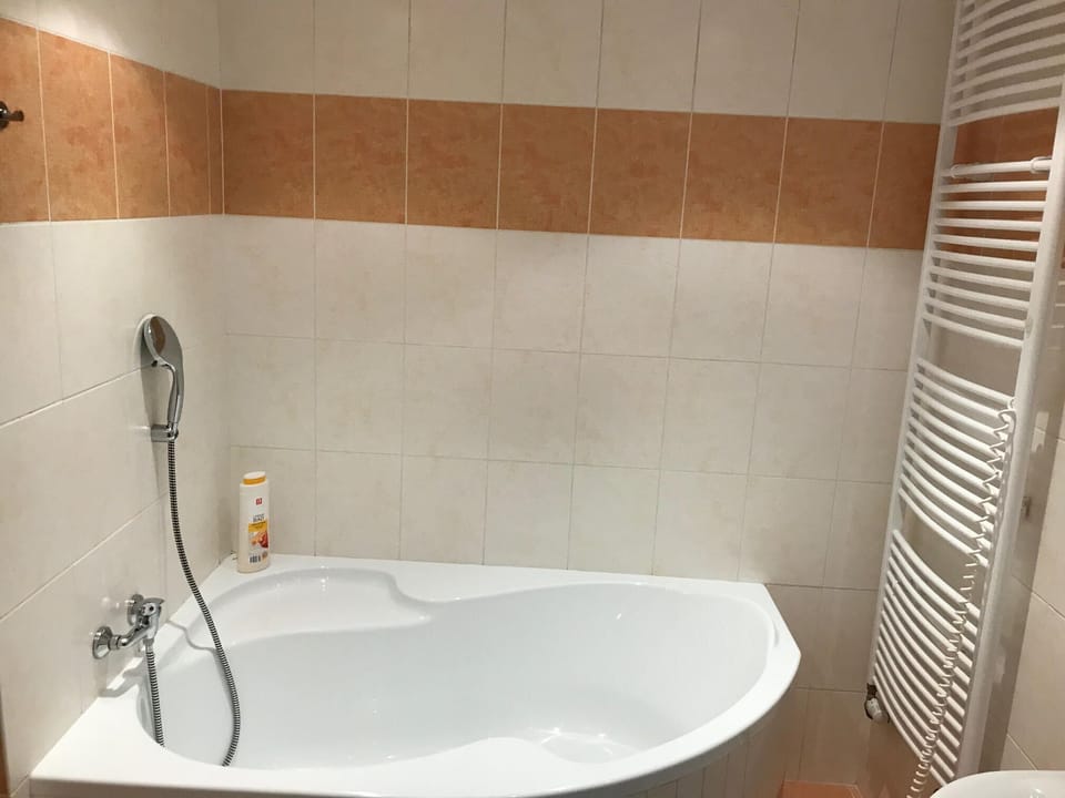 Apartment | Bathroom | Combined shower/tub, deep soaking tub, hair dryer, towels