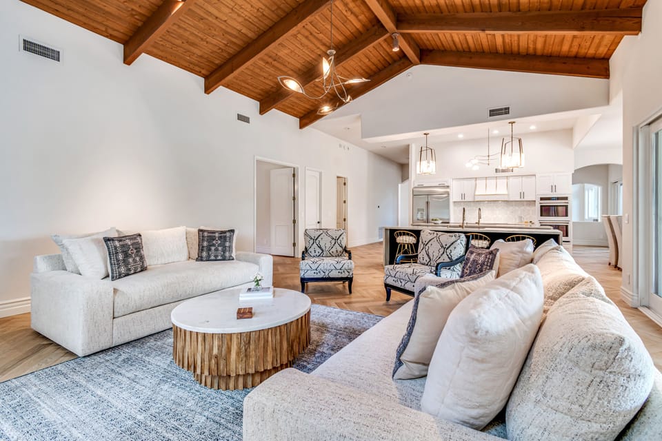 Open layout format, the open kitchen spills into the sumptuous family room.
