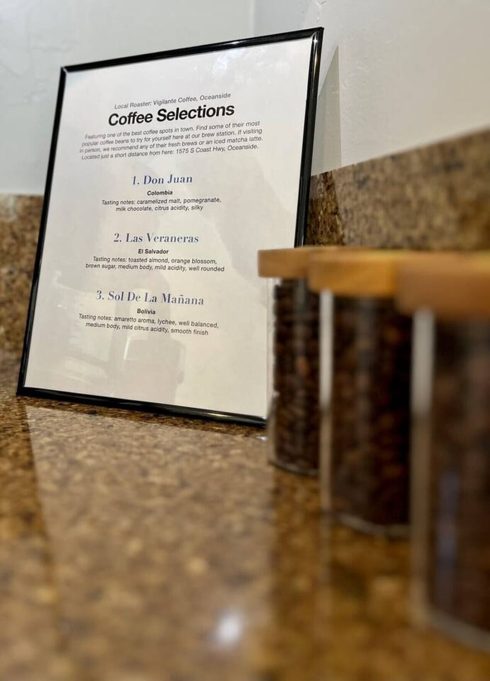`The best part of waking up` is the rich aroma of fresh local coffee from Oceanside`s own roastery - Vigilante Coffee Roasters. We offer a selection of several of our favorite premium whole bean coffee options to start your day off right. Carpe diem!