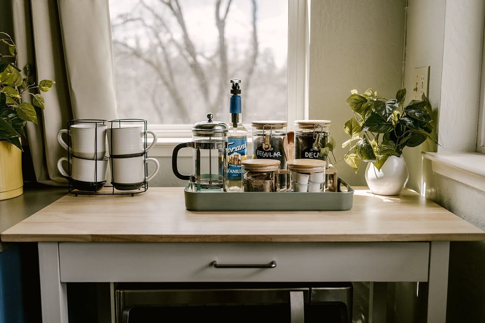 Complementary coffee, decaf, tea, creamer, sugar and vanilla syrup