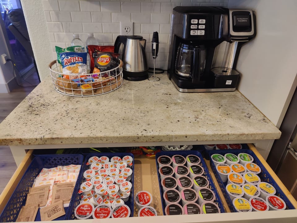Enjoy Complimentary Variety Tea/Coffee, sugar, creamer. Drip and Keurig combo 