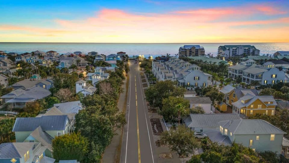 Aerial view of house and beach access (3-min walk)