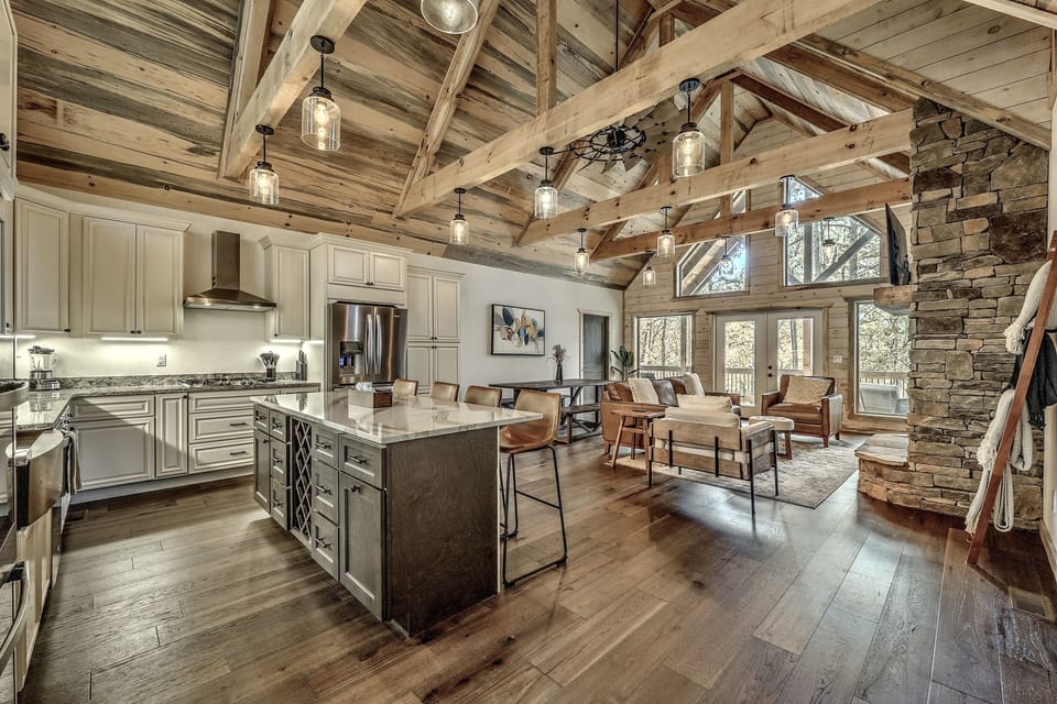 Chic decor, modern kitchen, indoor fireplace, and beautiful views!