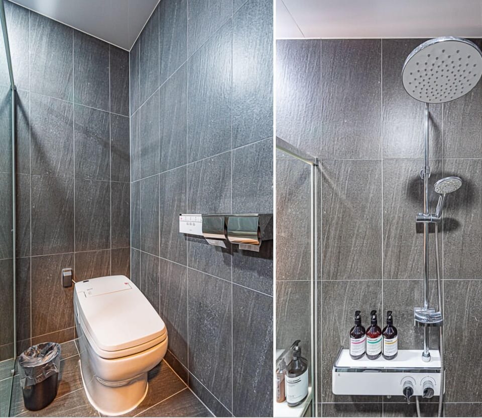 Designer toiletries, hair dryer, bathrobes, electronic bidet