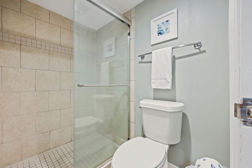 Main bathroom with tiled shower