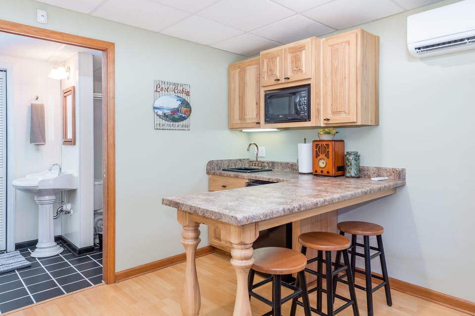 Downstairs kitchenette with coffeemaker, toaster oven mini fridge and sink 