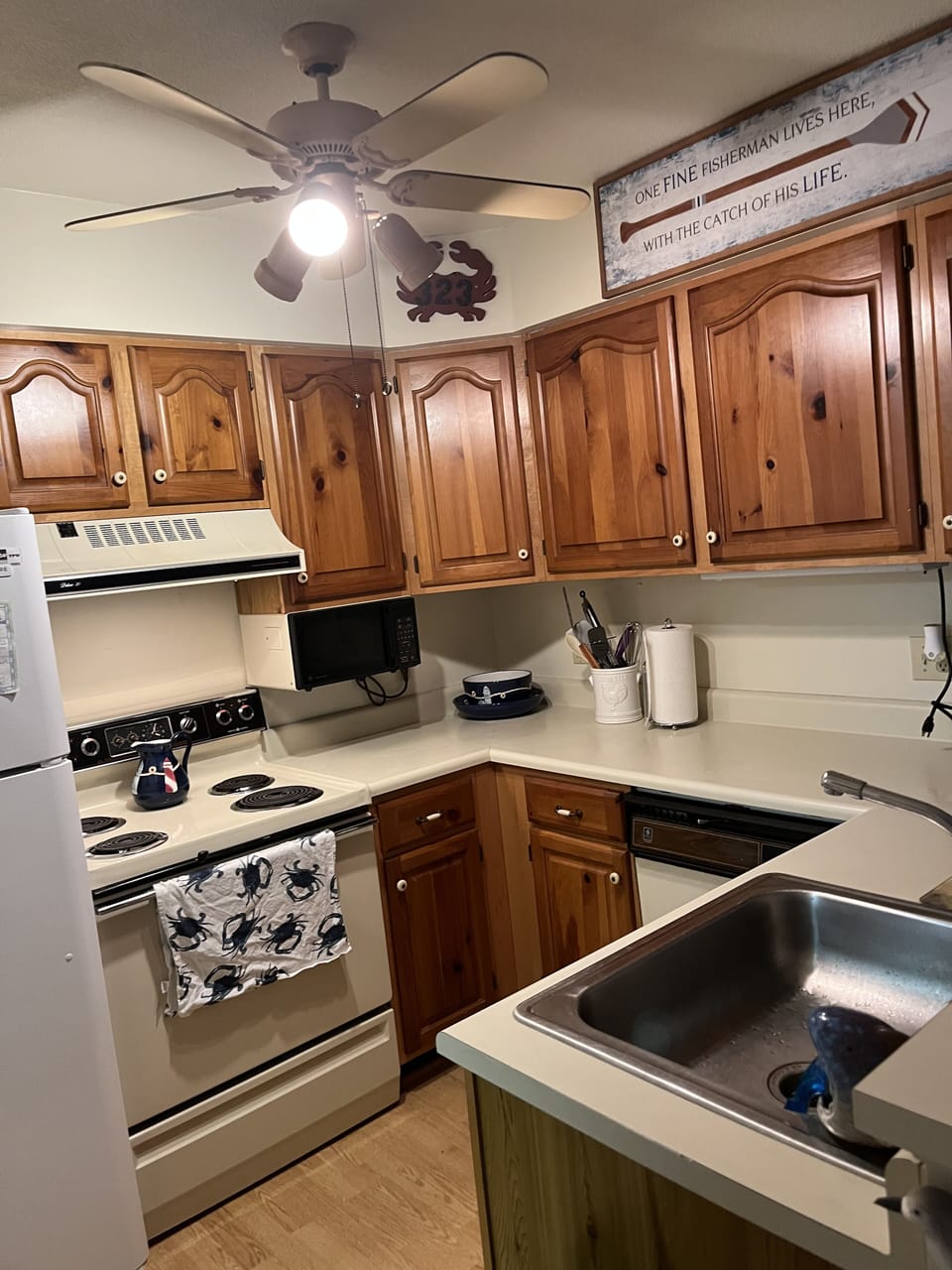 Kitchen with coffee maker, toaster, tea kettle, blender, and more!