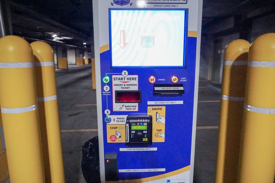 Paid Paid parking via the use of the the kiosk which will generate a ticket and take payment upon exiting the garage