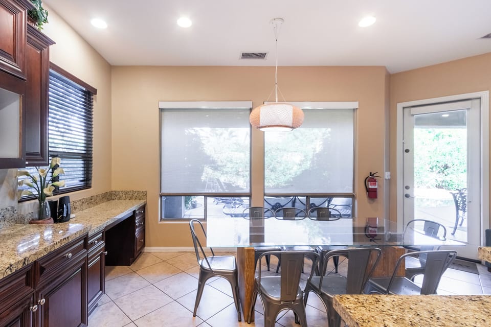 Dining area with large window.
