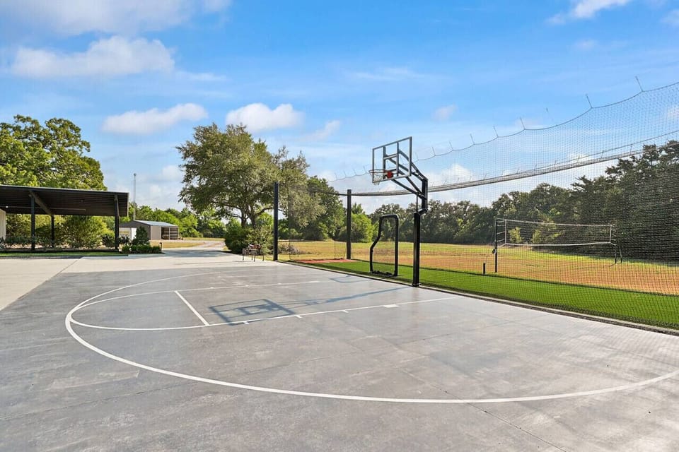 A half-basketball court and goal await the athletes in the family!