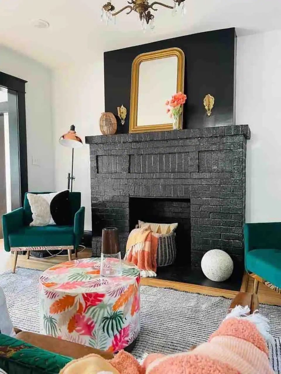 1st floor living room with fireplace, luxury furnishings and french doors