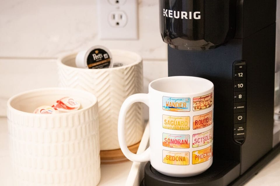 Wake up with coffee from the Keurig - some pods, sugar/sweetener/creamers are all supplied.