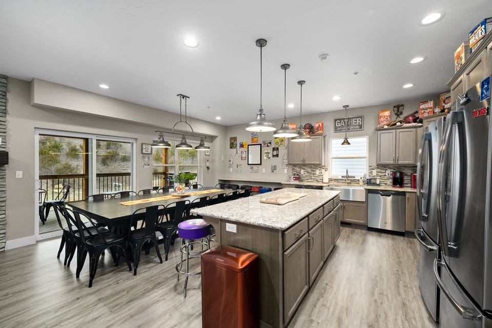 Open dining and kitchen with seating for 30