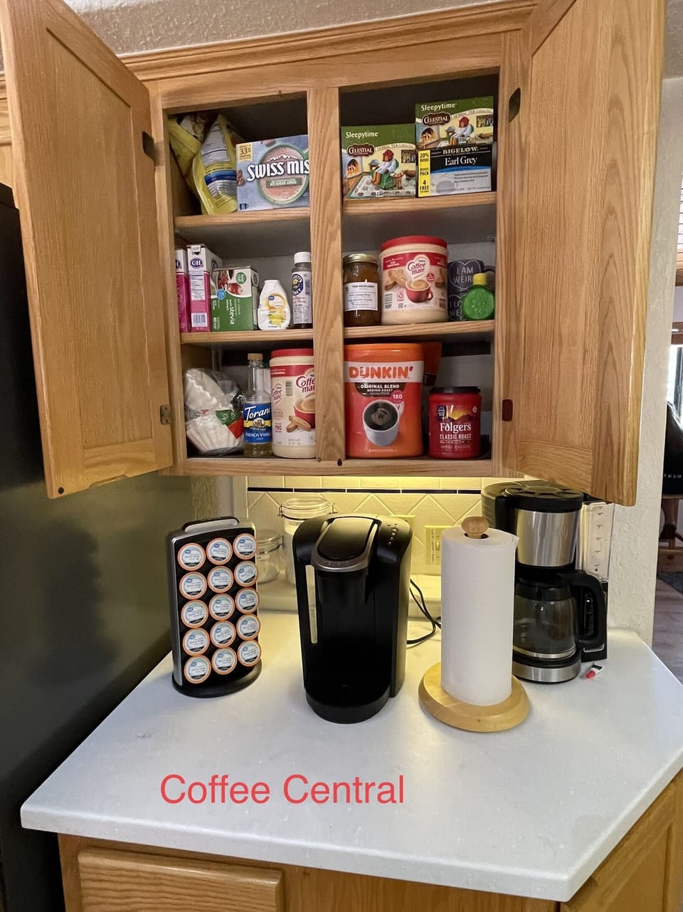 Coffee, Tea, hot chocolate, along with a multitude of sweeteners & creamers