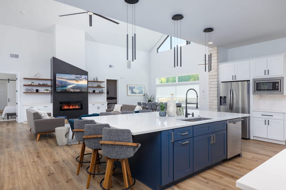 Open view from kitchen across living and dining—great for groups