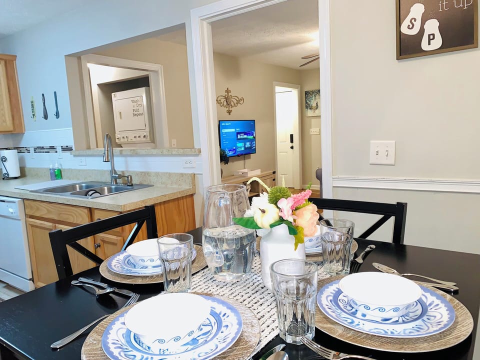 Dining area comfortably arranged for meals, conversation, and gathering together
